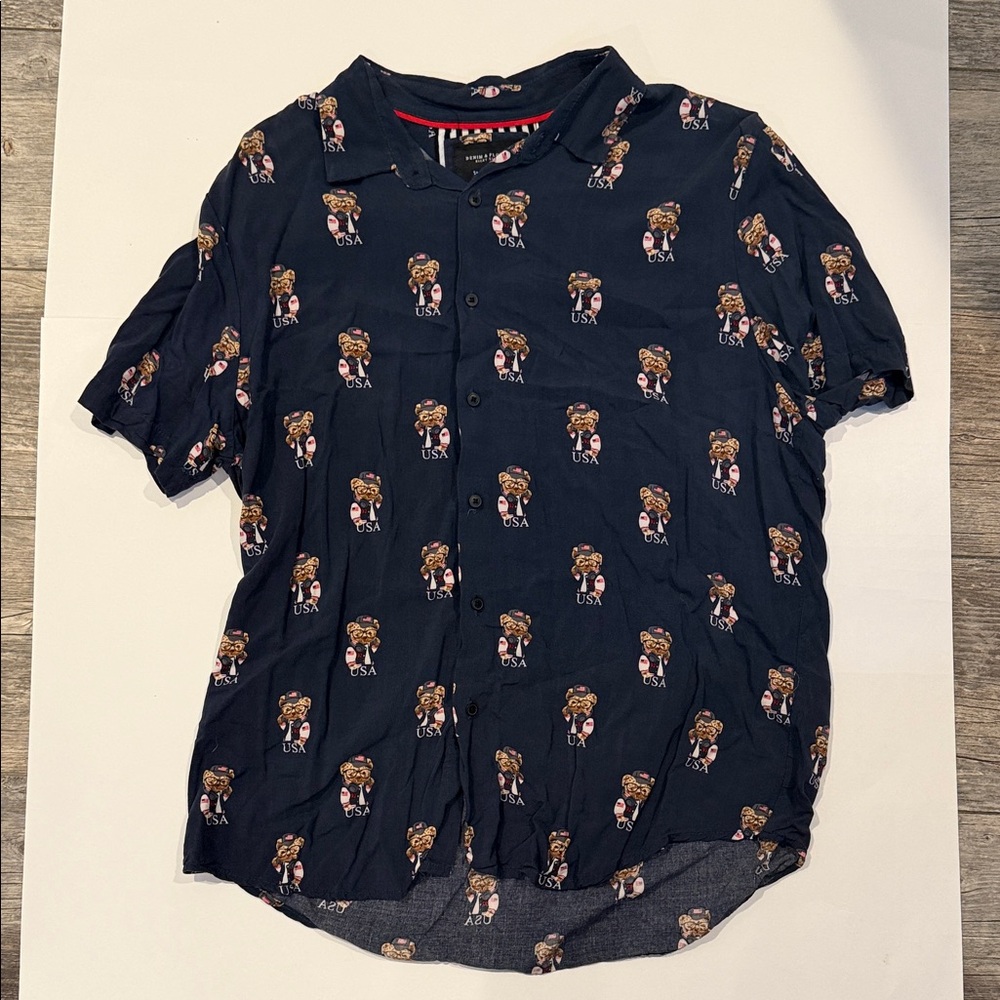Denim & Flower Navy Shirt with Flag and Bear Print